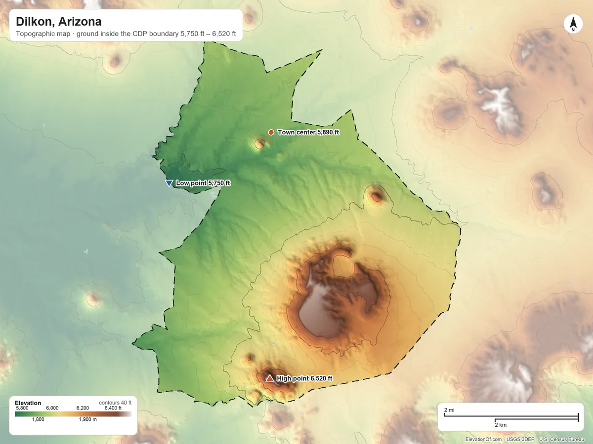 Topographic elevation map of Dilkon, Arizona, shaded from 5,750 ft on the southwest side to 6,520 ft on the south side