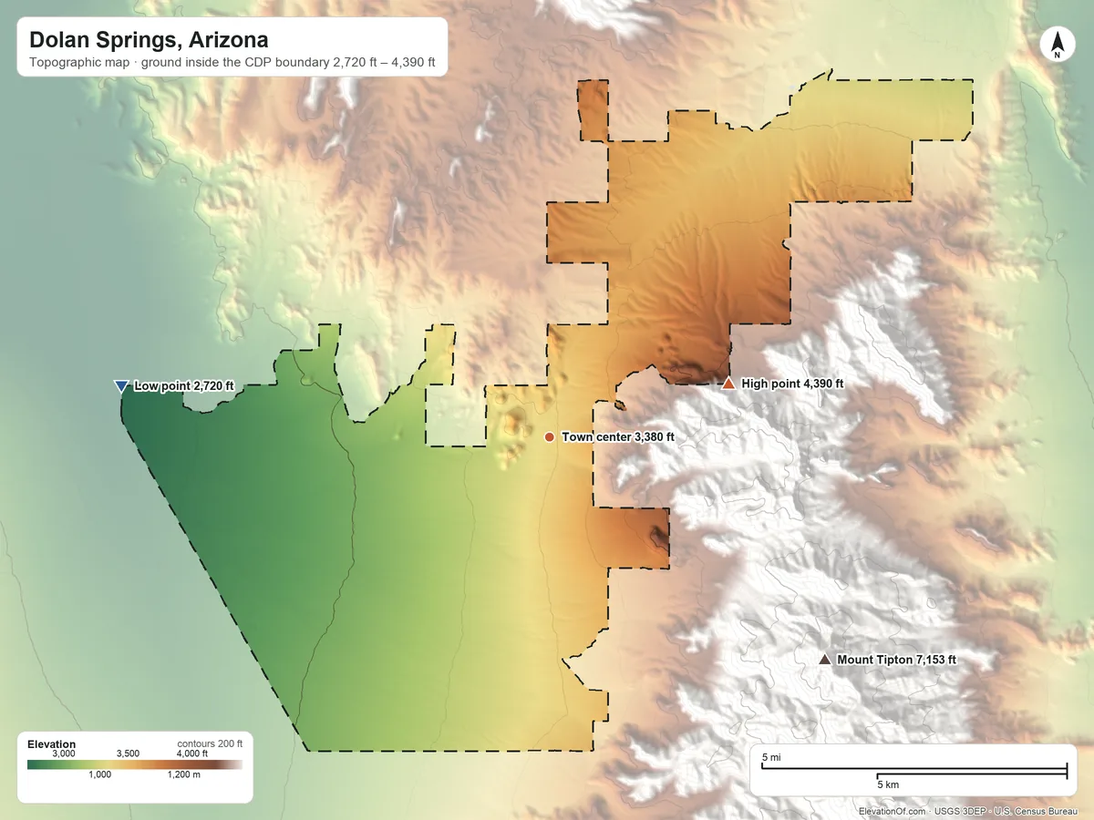Topographic elevation map of Dolan Springs, Arizona, shaded from 2,720 ft on the west side to 4,390 ft at the foot of the Cerbat Mountains