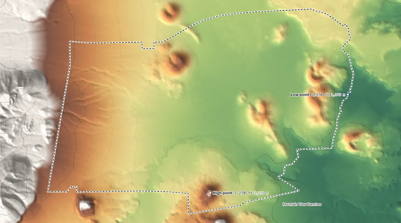 Topographic elevation map of Doney Park, Arizona, shaded from 6,370 ft on the east side to 7,270 ft on the south side
