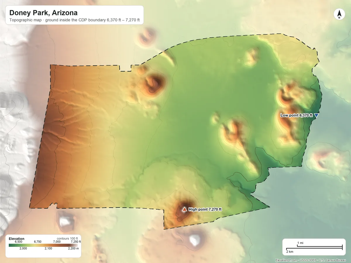 Topographic elevation map of Doney Park, Arizona, shaded from 6,370 ft on the east side to 7,270 ft on the south side