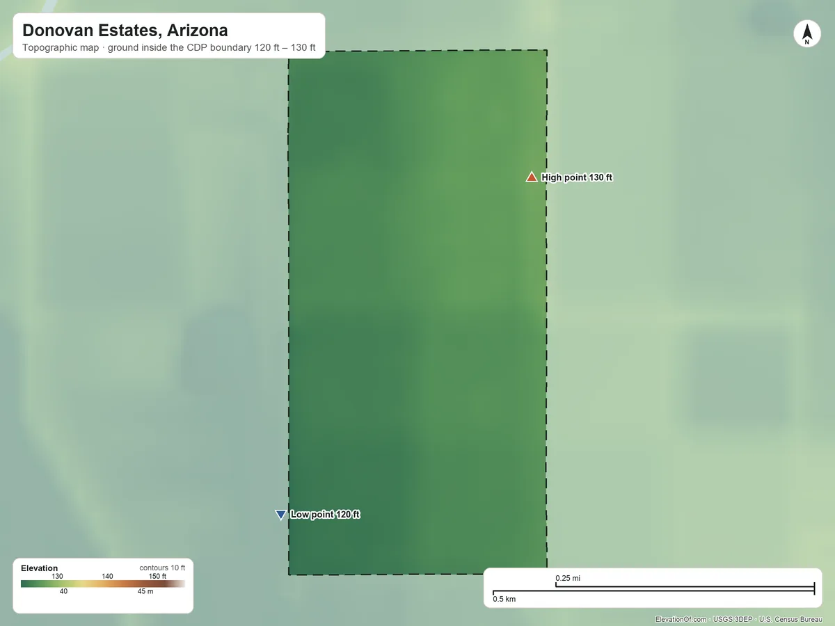 Topographic elevation map of Donovan Estates, Arizona, shaded from 120 ft on the southwest side to 130 ft on the northeast side