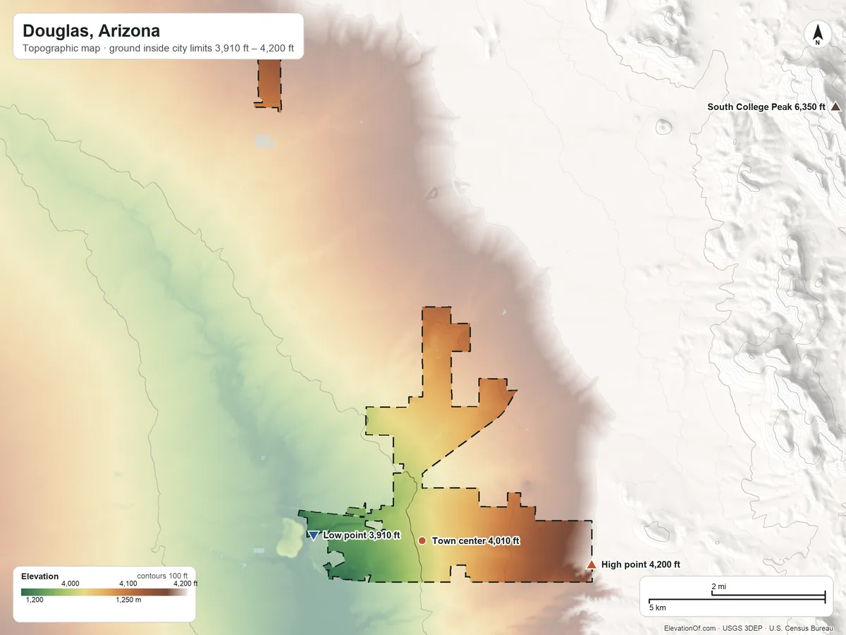 Topographic elevation map of Douglas, Arizona, shaded from 3,910 ft on the west side to 4,200 ft at the foot of the Perilla Mountains