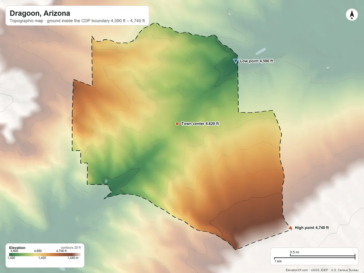 Topographic elevation map of Dragoon, Arizona, shaded from 4,590 ft on the northeast side to 4,740 ft at the foot of the Dragoon Mountains