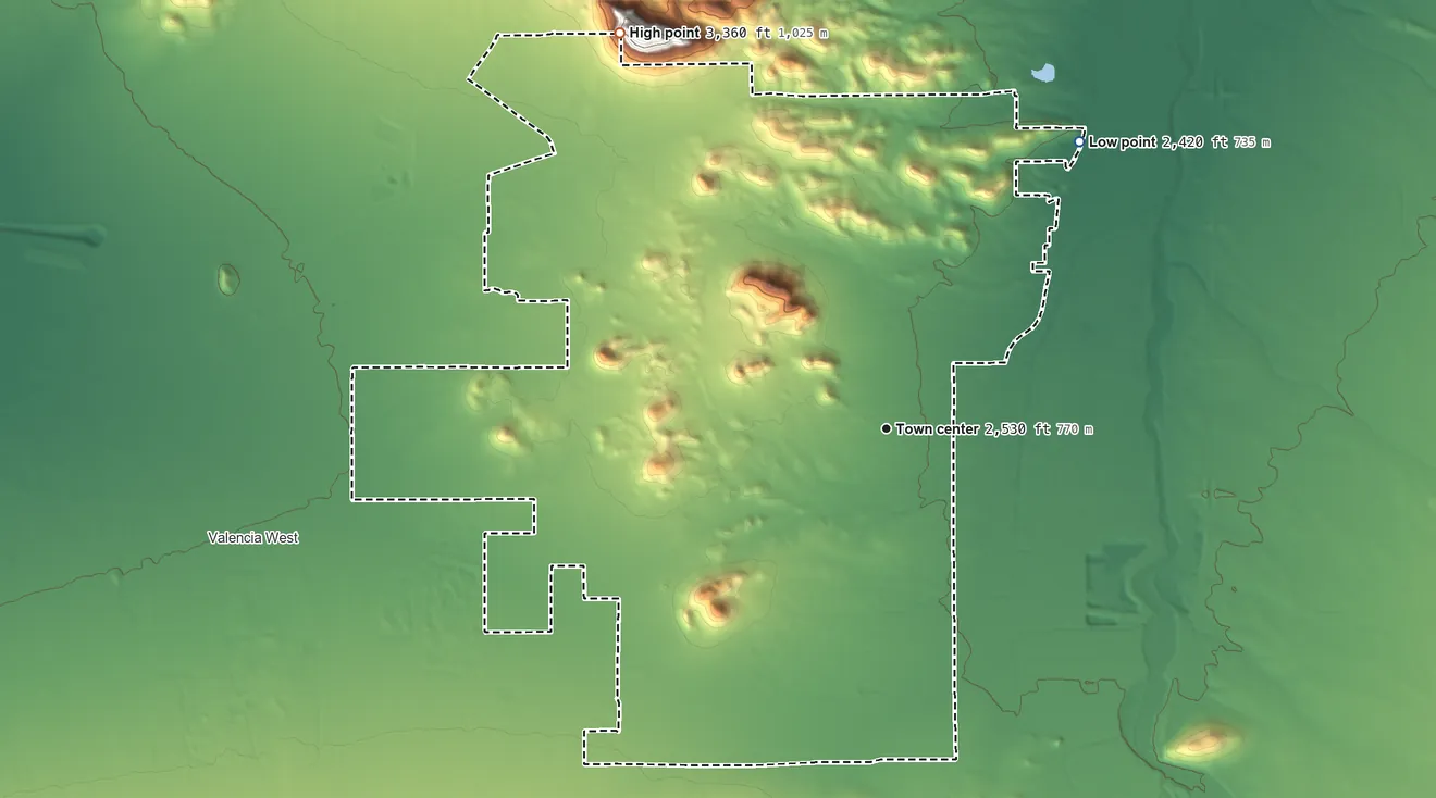 Topographic elevation map of Drexel Heights, Arizona, shaded from 2,420 ft on the northeast side to 3,360 ft on the northwest edge, below higher ground just outside