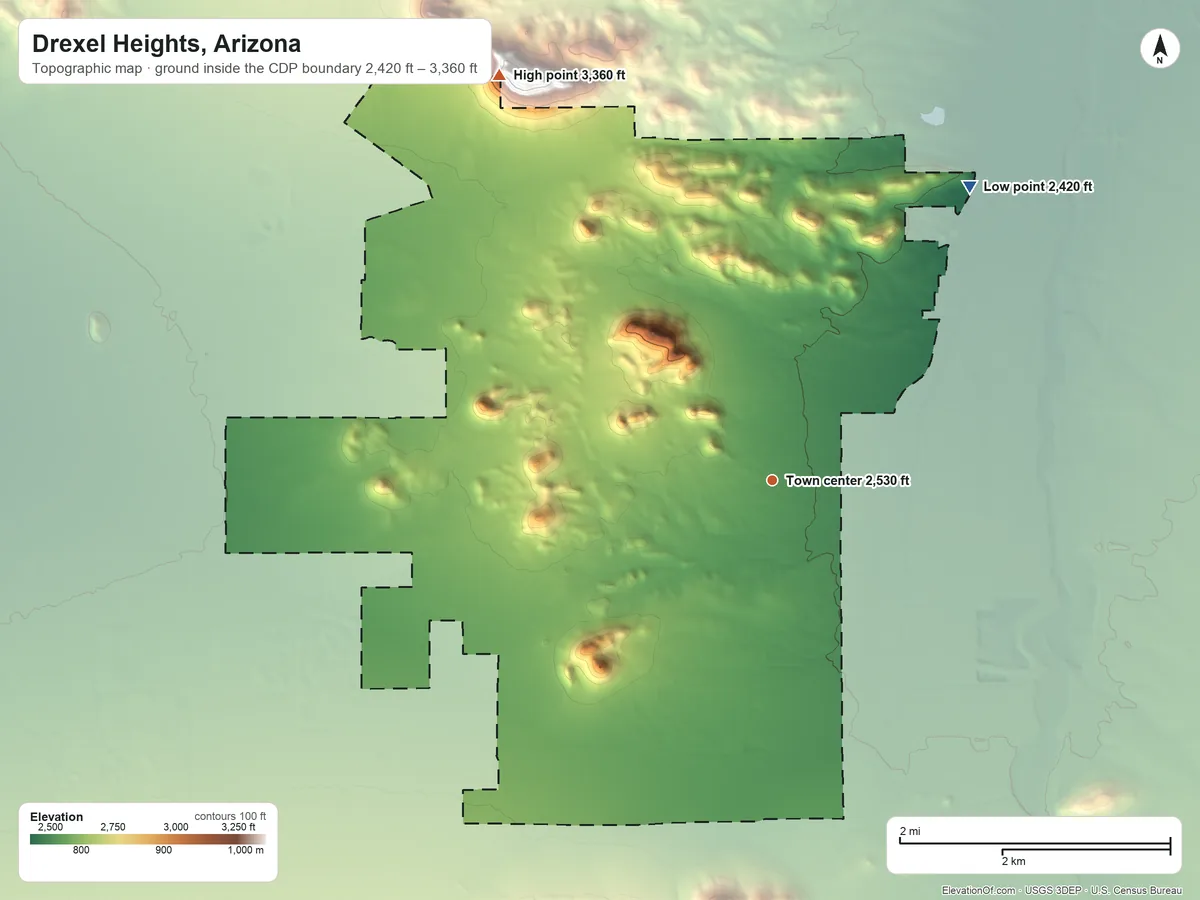 Topographic elevation map of Drexel Heights, Arizona, shaded from 2,420 ft on the northeast side to 3,360 ft on the northwest edge, below higher ground just outside