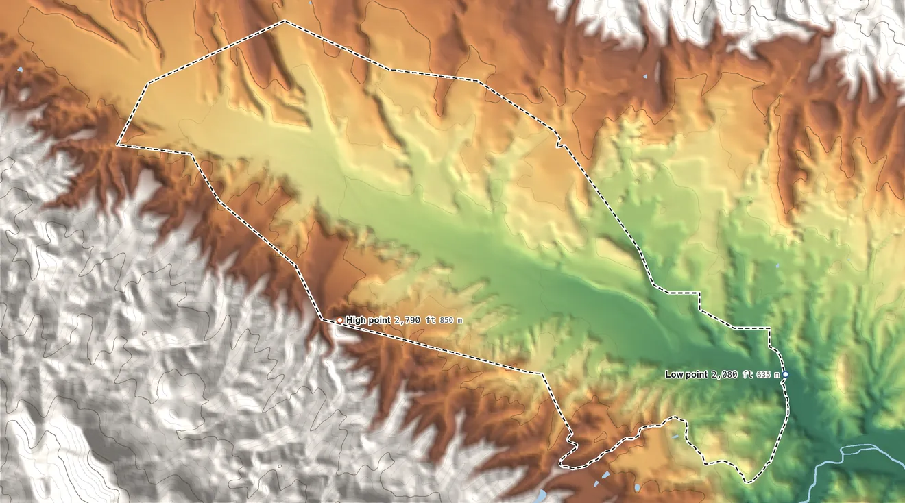 Topographic elevation map of Dripping Springs, Arizona, shaded from 2,080 ft on the east side to 2,790 ft at the foot of the Dripping Spring Mountains