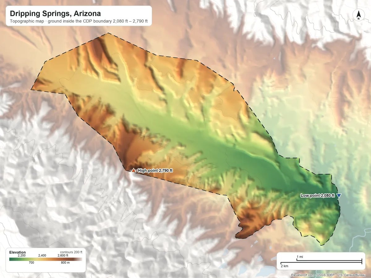 Topographic elevation map of Dripping Springs, Arizona, shaded from 2,080 ft on the east side to 2,790 ft at the foot of the Dripping Spring Mountains