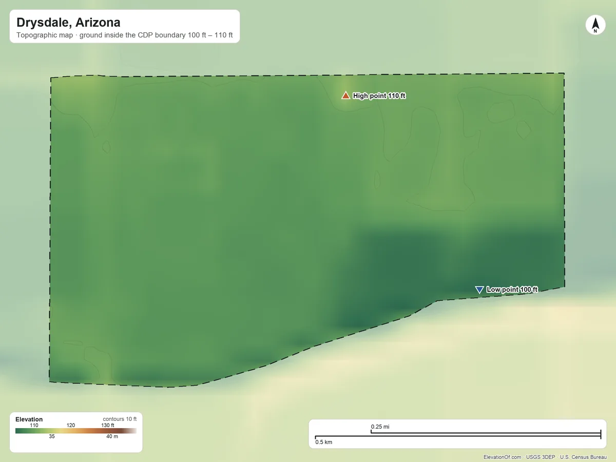 Topographic elevation map of Drysdale, Arizona, shaded from 100 ft on the southeast side to 110 ft on the northeast side