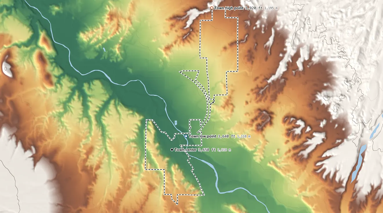 Topographic elevation map of Duncan, Arizona, shaded from 3,640 ft near the middle to 3,920 ft on the north side