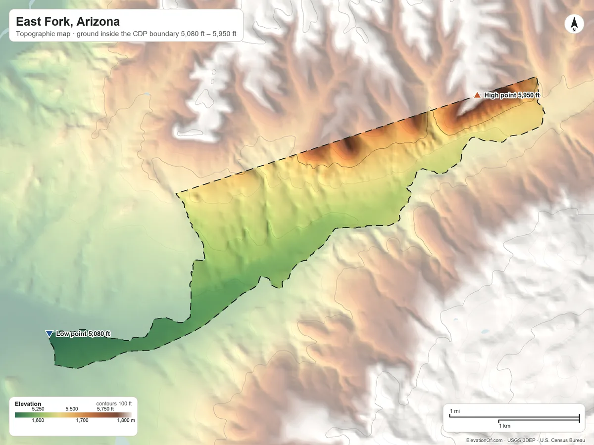 Topographic elevation map of East Fork, Arizona, shaded from 5,080 ft on the southwest side to 5,950 ft on the northeast edge, below higher ground just outside