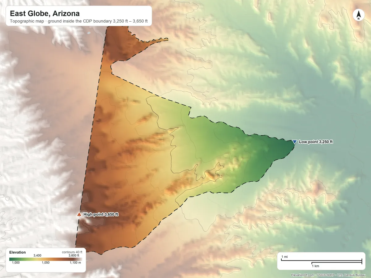 Topographic elevation map of East Globe, Arizona, shaded from 3,250 ft on the east side to 3,650 ft at the foot of the Pinal Mountains