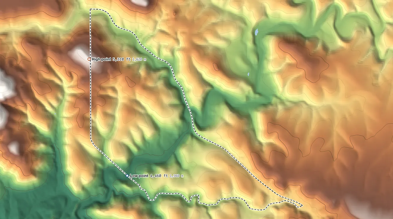 Topographic elevation map of East Verde Estates, Arizona, shaded from 4,460 ft on the southwest side to 5,310 ft on Black Mesa