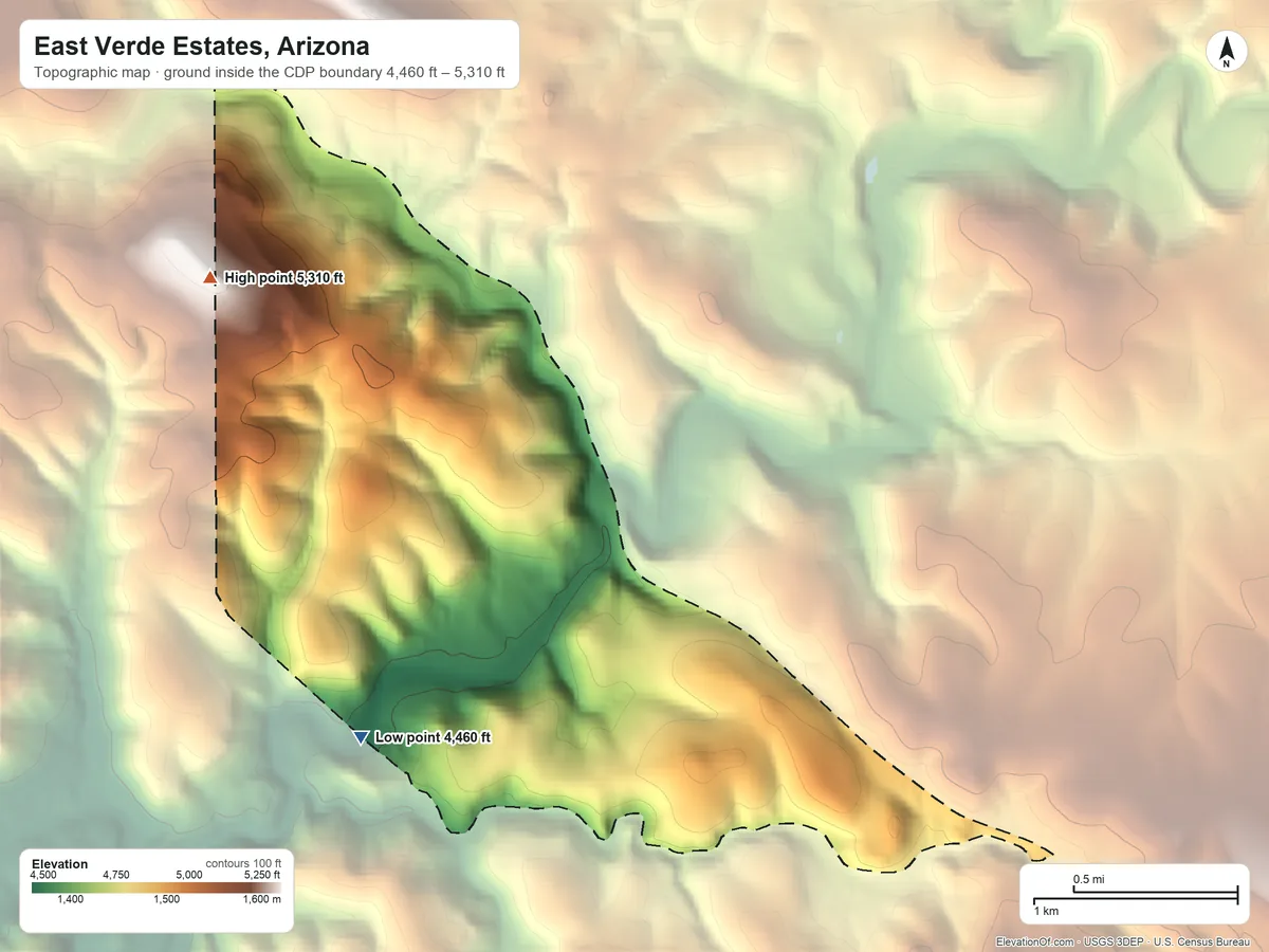 Topographic elevation map of East Verde Estates, Arizona, shaded from 4,460 ft on the southwest side to 5,310 ft on Black Mesa
