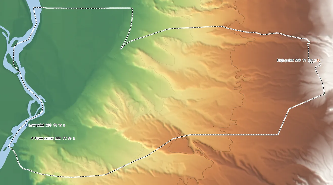Topographic elevation map of Ehrenberg, Arizona, shaded from 250 ft near the middle to 660 ft at the foot of the Dome Rock Mountains