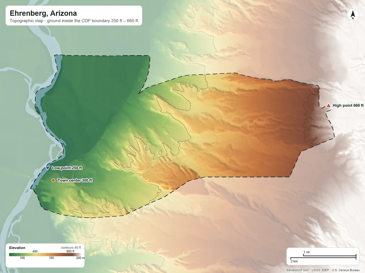 Topographic elevation map of Ehrenberg, Arizona, shaded from 250 ft near the middle to 660 ft at the foot of the Dome Rock Mountains