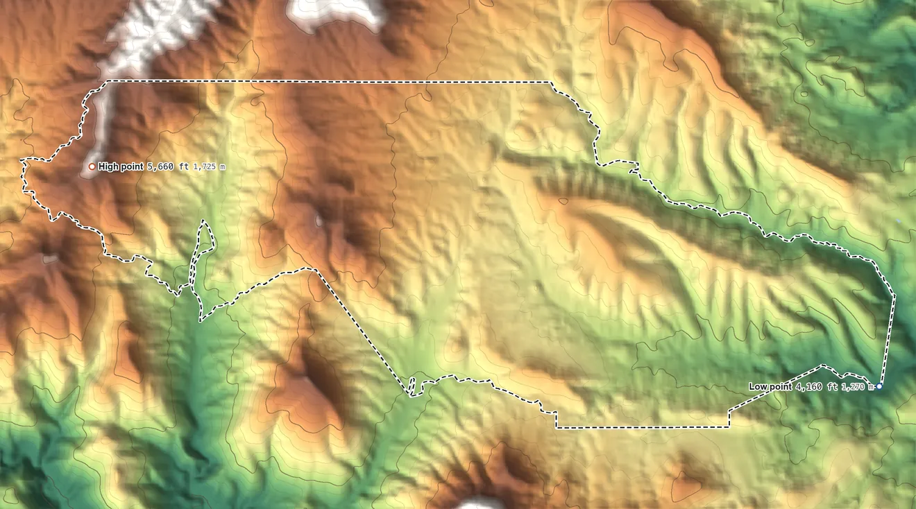 Topographic elevation map of El Capitan, Arizona, shaded from 4,160 ft on the east side to 5,660 ft at the foot of the Pinal Mountains