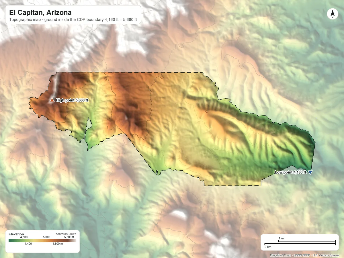 Topographic elevation map of El Capitan, Arizona, shaded from 4,160 ft on the east side to 5,660 ft at the foot of the Pinal Mountains