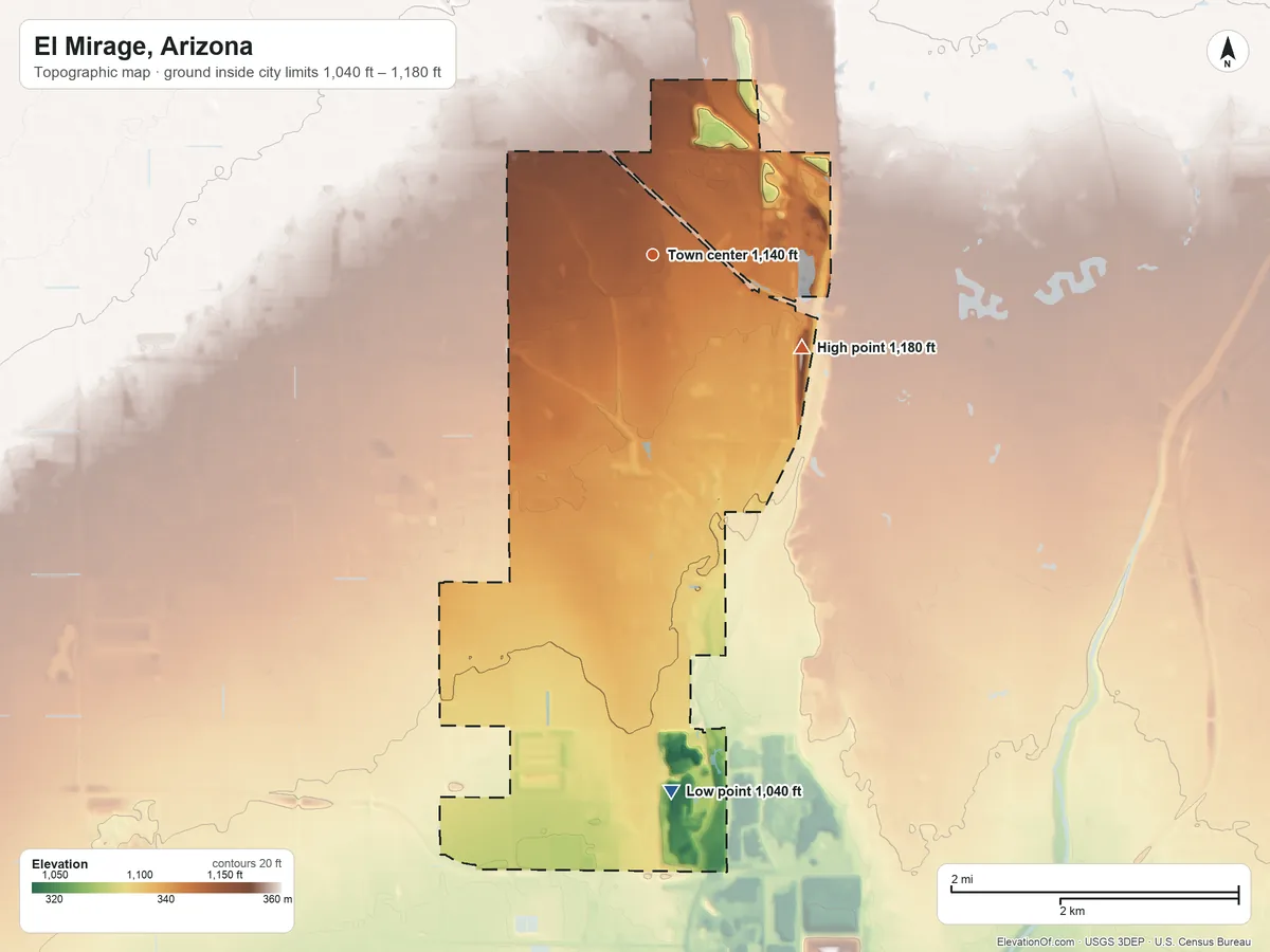 Topographic elevation map of El Mirage, Arizona, shaded from 1,040 ft on the south side to 1,180 ft on the southeast side