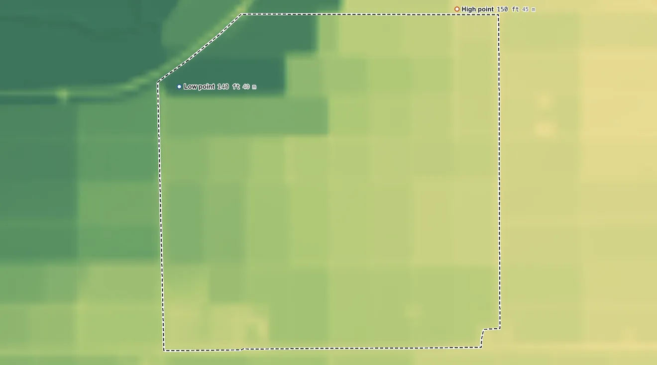 Topographic elevation map of El Prado Estates, Arizona, shaded from 140 ft on the northwest side to 150 ft on the northeast side