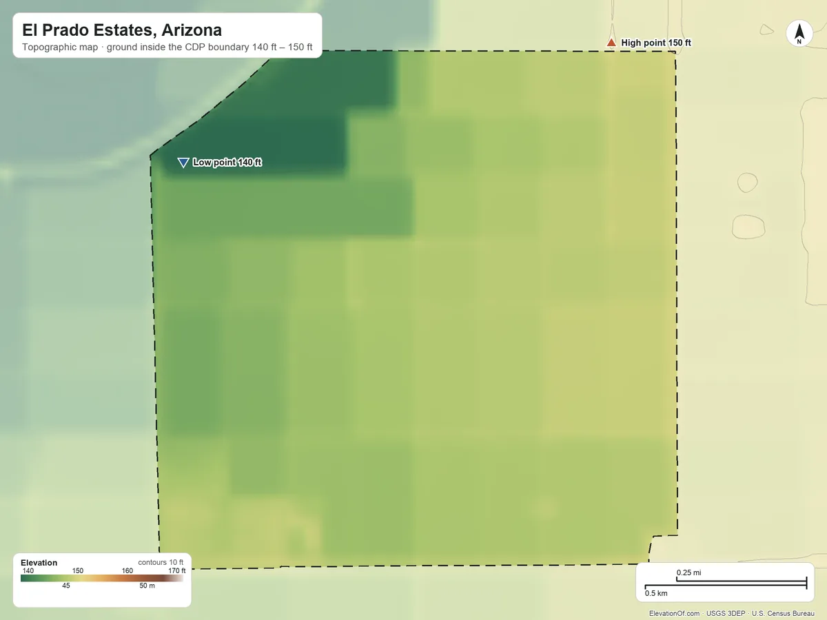 Topographic elevation map of El Prado Estates, Arizona, shaded from 140 ft on the northwest side to 150 ft on the northeast side