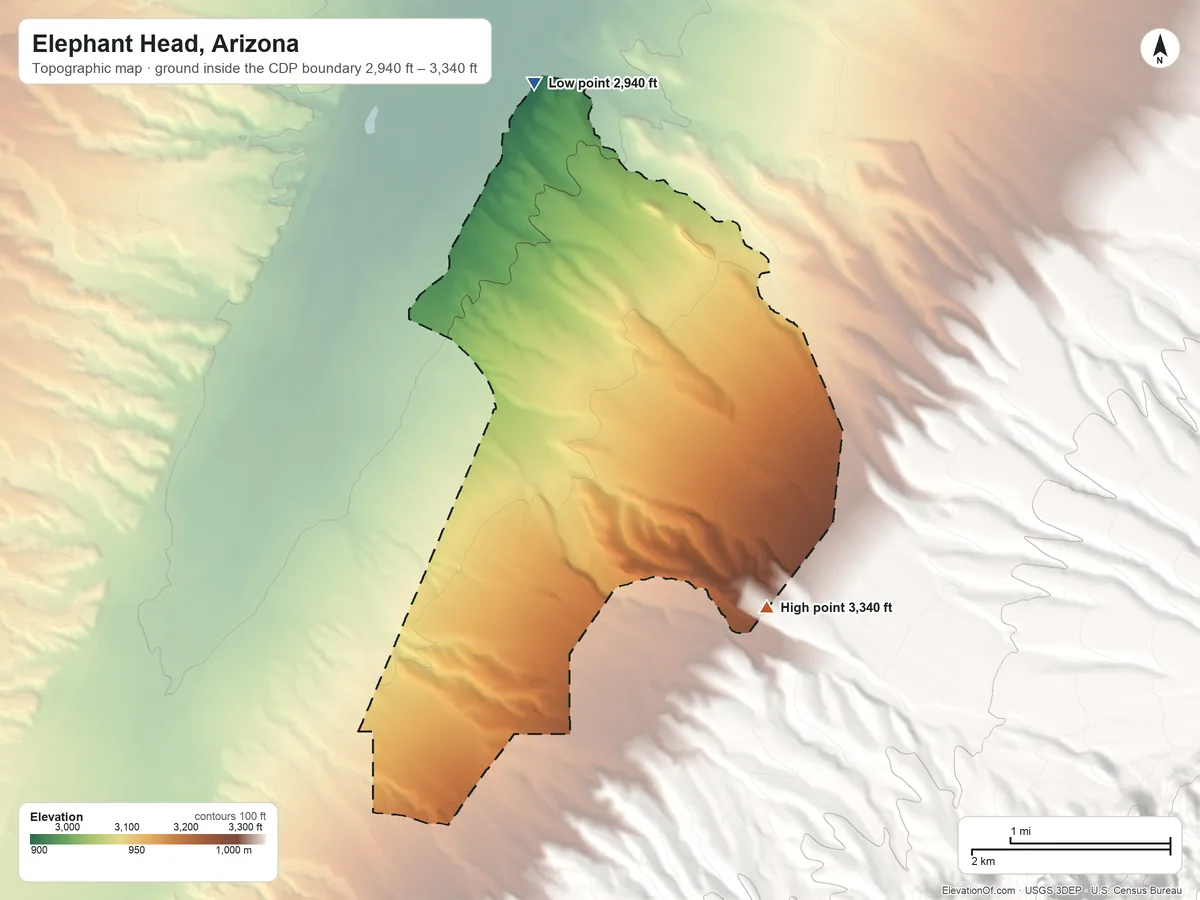 Topographic elevation map of Elephant Head, Arizona, shaded from 2,940 ft on the north side to 3,340 ft on the southeast side