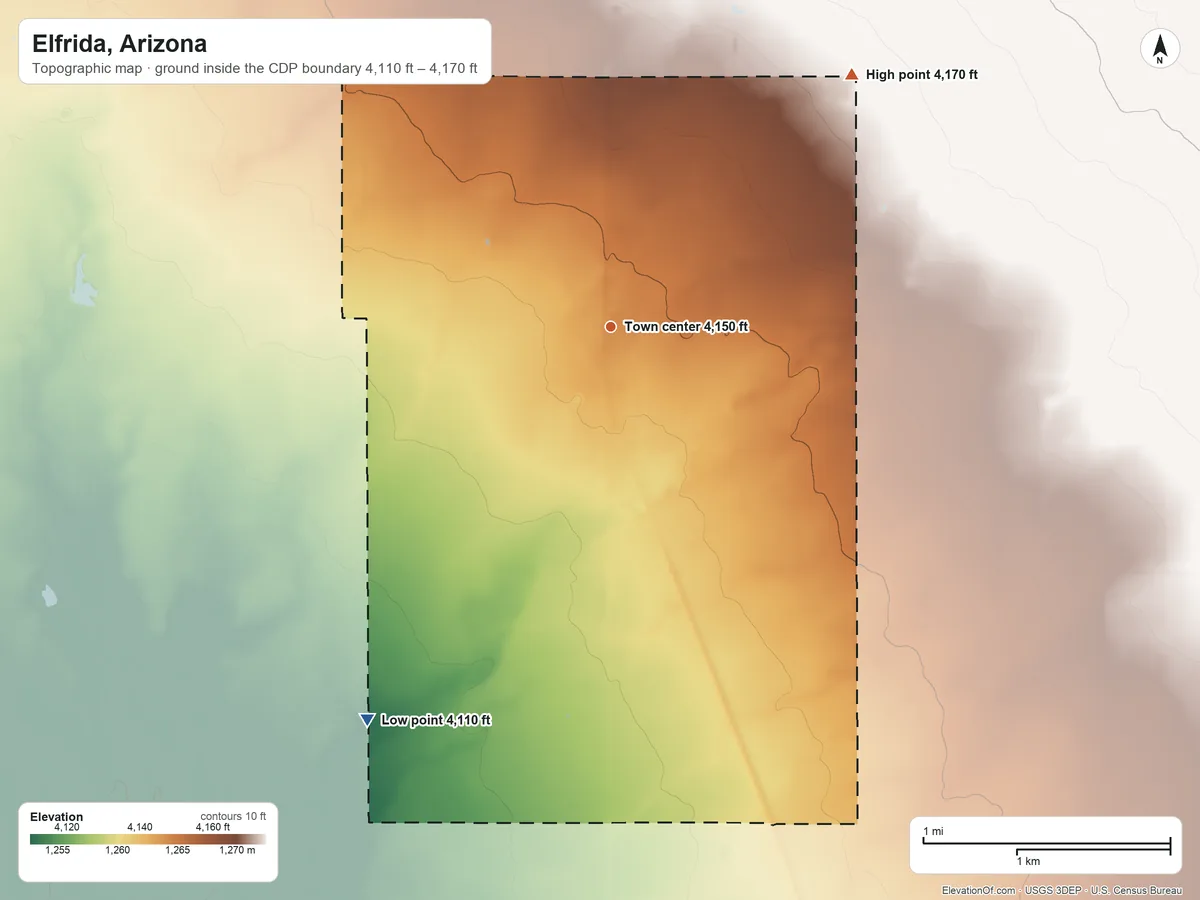 Topographic elevation map of Elfrida, Arizona, shaded from 4,110 ft on the southwest side to 4,170 ft on the northeast side