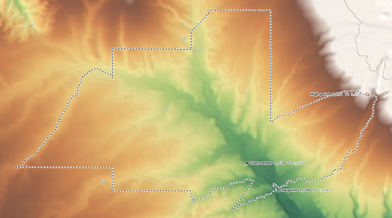 Topographic elevation map of Elgin, Arizona, shaded from 4,700 ft near the middle to 4,950 ft at the foot of the Mustang Mountains