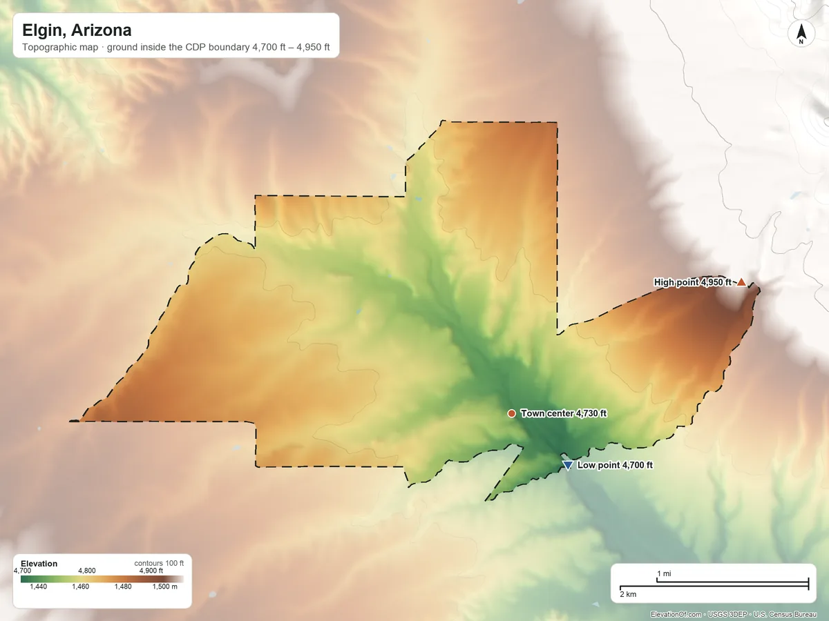 Topographic elevation map of Elgin, Arizona, shaded from 4,700 ft near the middle to 4,950 ft at the foot of the Mustang Mountains