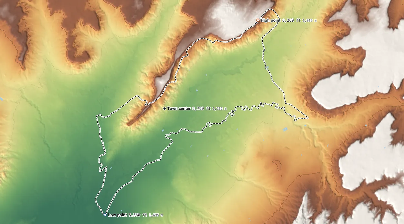Topographic elevation map of First Mesa, Arizona, shaded from 5,560 ft on the southwest side to 6,260 ft on the northeast side