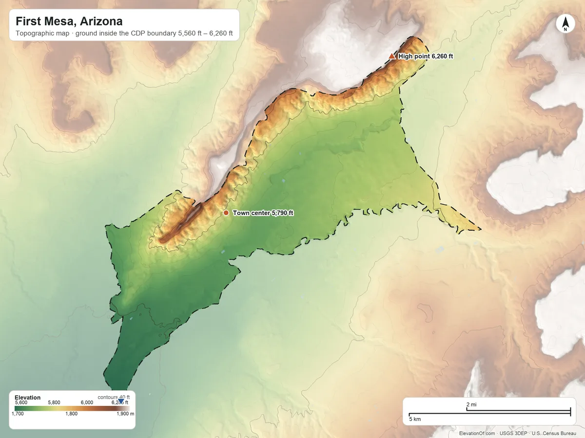 Topographic elevation map of First Mesa, Arizona, shaded from 5,560 ft on the southwest side to 6,260 ft on the northeast side