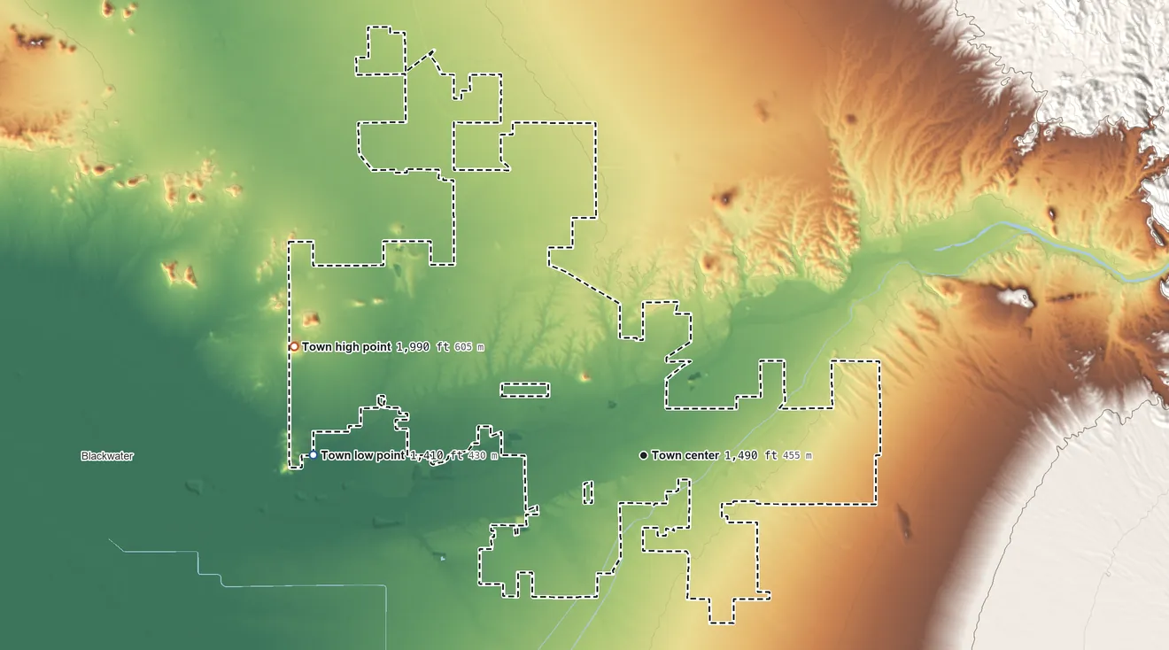 Topographic elevation map of Florence, Arizona, shaded from 1,410 ft on the west side to 1,987 ft on Walker Butte