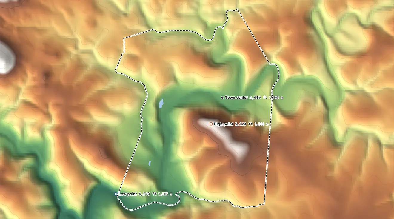 Topographic elevation map of Flowing Springs, Arizona, shaded from 4,540 ft on the southwest side to 5,120 ft on the southwest side