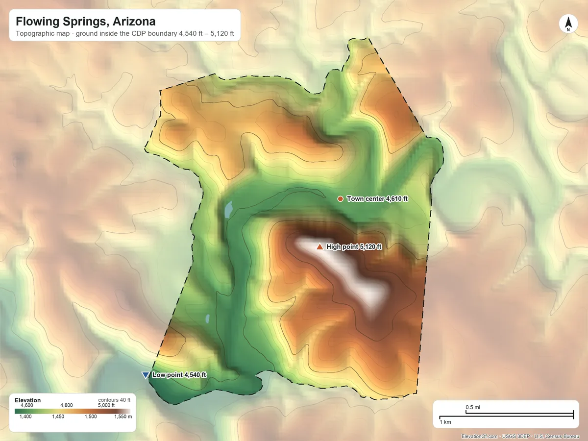 Topographic elevation map of Flowing Springs, Arizona, shaded from 4,540 ft on the southwest side to 5,120 ft on the southwest side