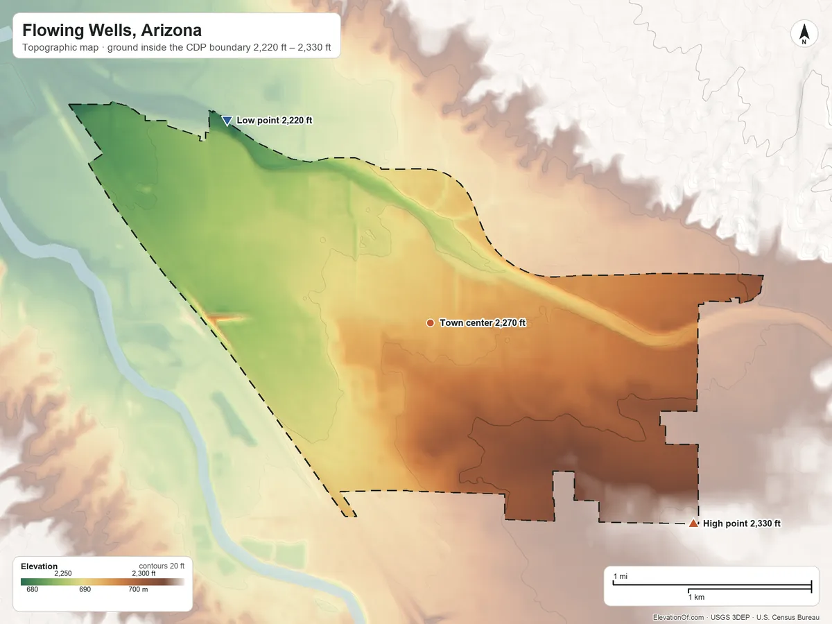 Topographic elevation map of Flowing Wells, Arizona, shaded from 2,220 ft on the northwest side to 2,330 ft on the southeast side