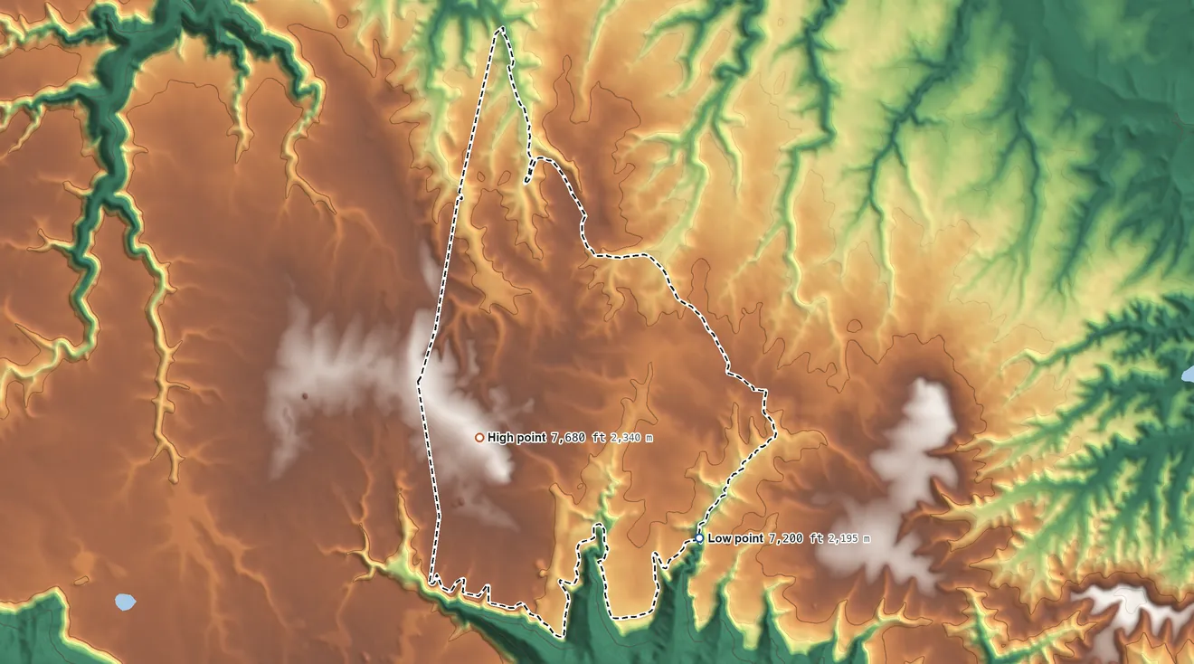 Topographic elevation map of Forest Lakes, Arizona, shaded from 7,200 ft on the southeast side to 7,680 ft on the southwest side