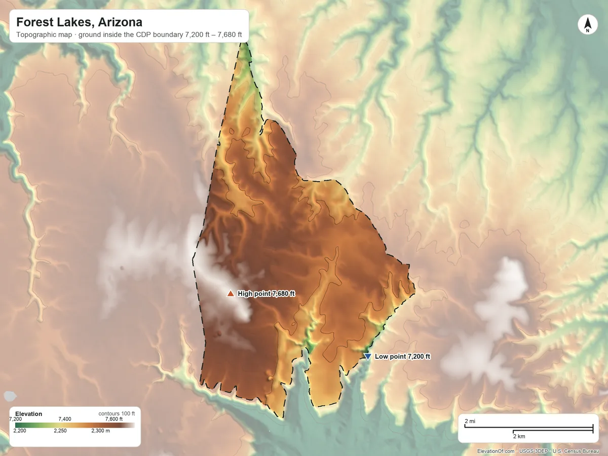 Topographic elevation map of Forest Lakes, Arizona, shaded from 7,200 ft on the southeast side to 7,680 ft on the southwest side