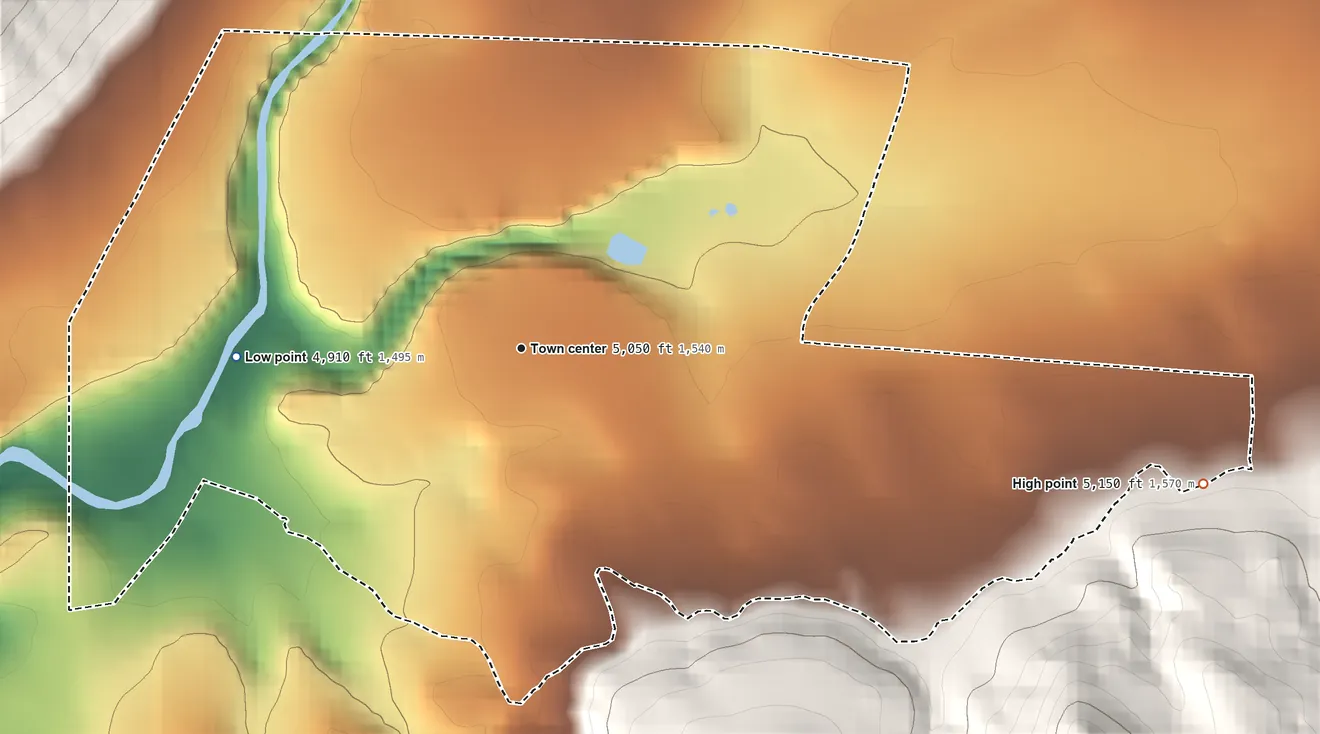 Topographic elevation map of Fort Apache, Arizona, shaded from 4,910 ft on the west side to 5,150 ft on the east edge, below higher ground just outside