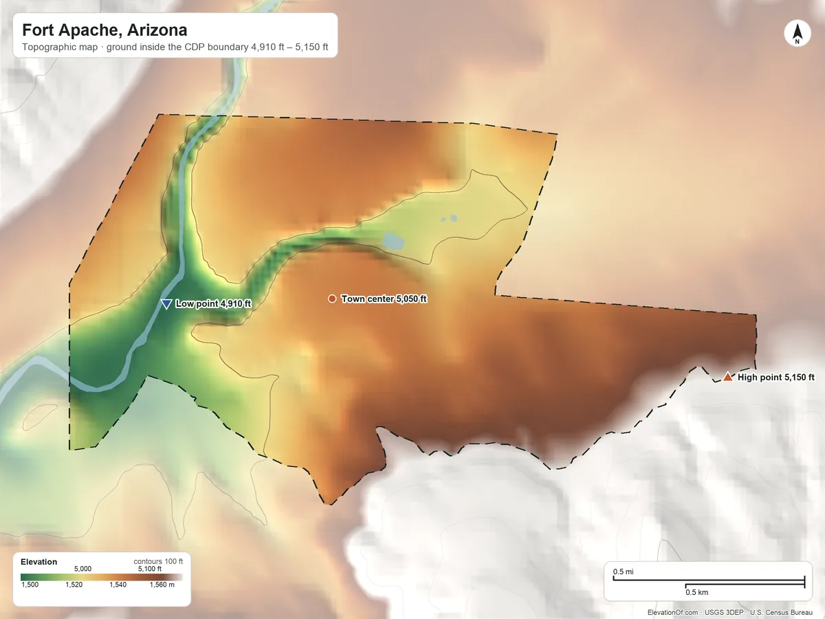 Topographic elevation map of Fort Apache, Arizona, shaded from 4,910 ft on the west side to 5,150 ft on the east edge, below higher ground just outside