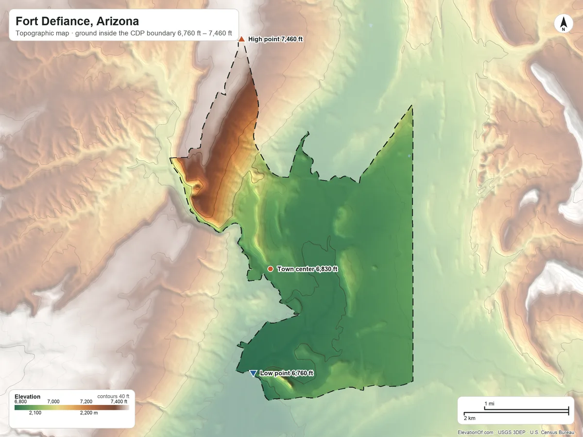 Topographic elevation map of Fort Defiance, Arizona, shaded from 6,760 ft on the south side to 7,460 ft on the north side