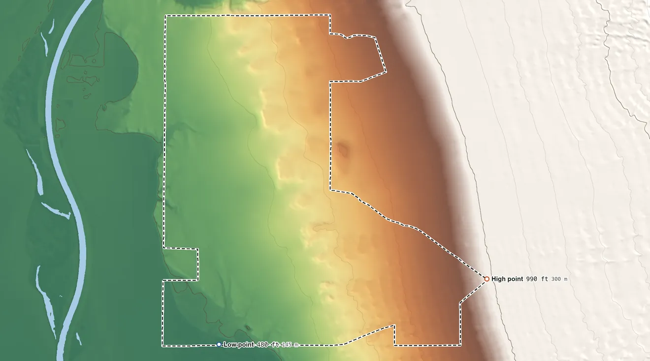 Topographic elevation map of Fort Mohave, Arizona, shaded from 480 ft on the south side to 990 ft at the foot of the Ute Mountains