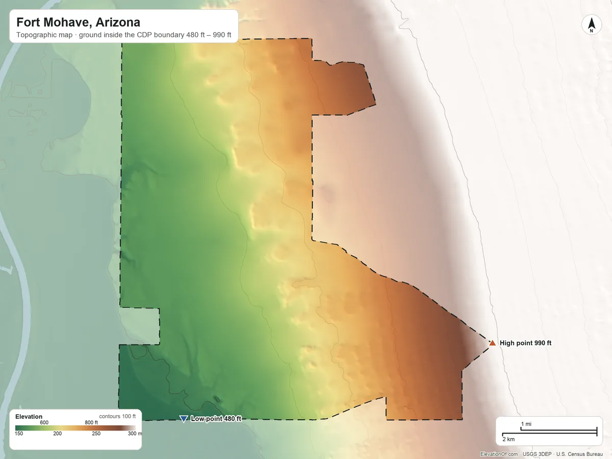 Topographic elevation map of Fort Mohave, Arizona, shaded from 480 ft on the south side to 990 ft at the foot of the Ute Mountains