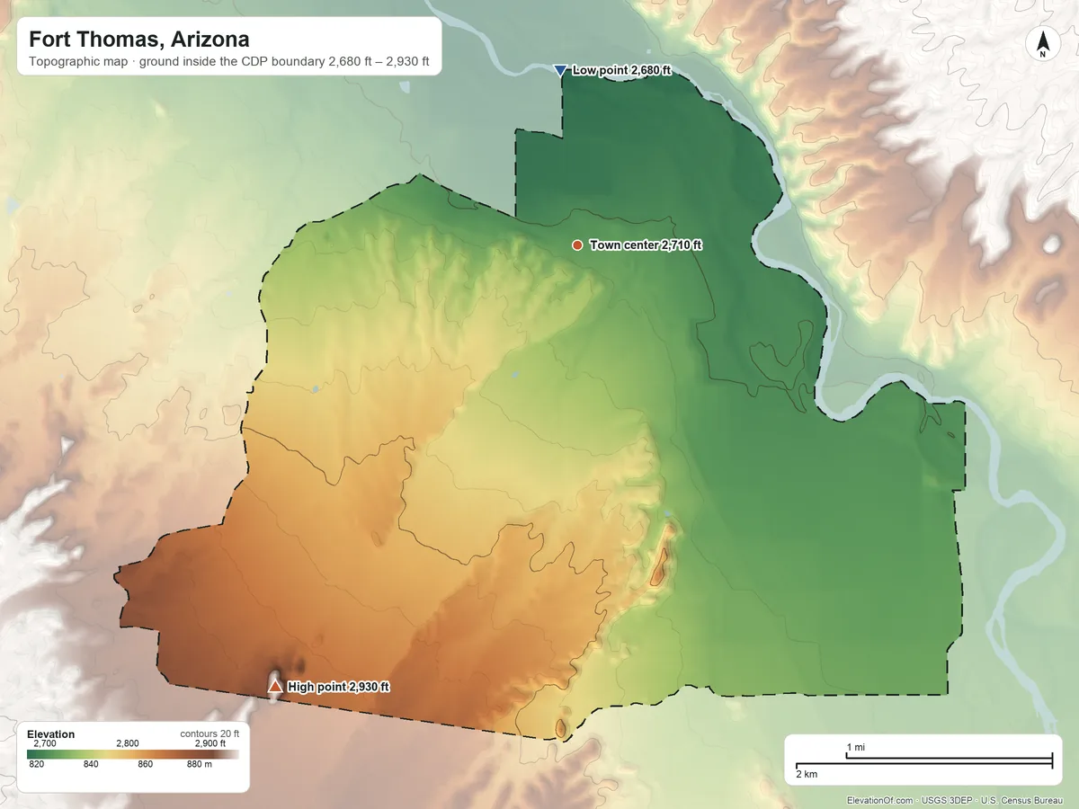Topographic elevation map of Fort Thomas, Arizona, shaded from 2,680 ft on the north side to 2,930 ft on the southwest side