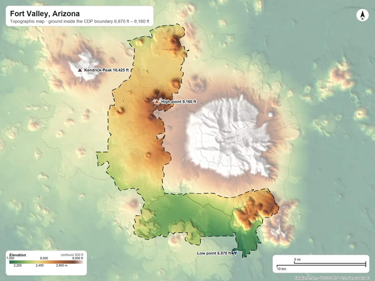 Topographic elevation map of Fort Valley, Arizona, shaded from 6,970 ft on the southeast side to 9,160 ft on Hochderffer Hills
