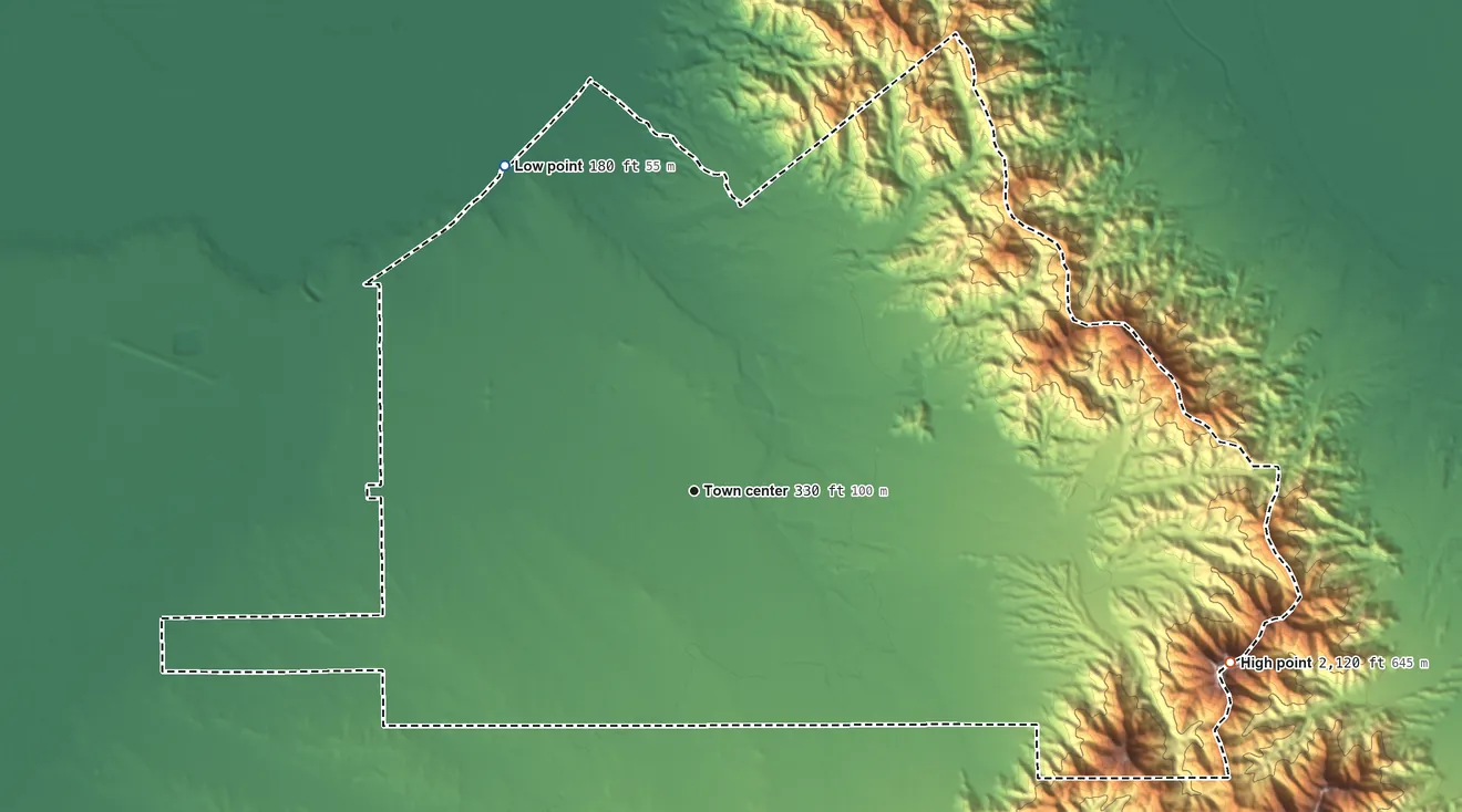 Topographic elevation map of Fortuna Foothills, Arizona, shaded from 180 ft on the northwest side to 2,120 ft on the east side