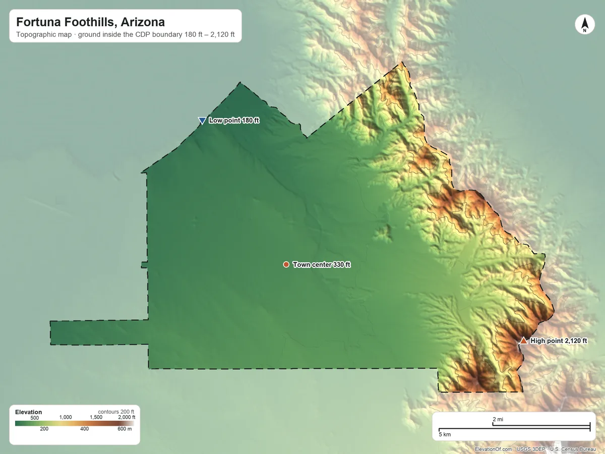 Topographic elevation map of Fortuna Foothills, Arizona, shaded from 180 ft on the northwest side to 2,120 ft on the east side