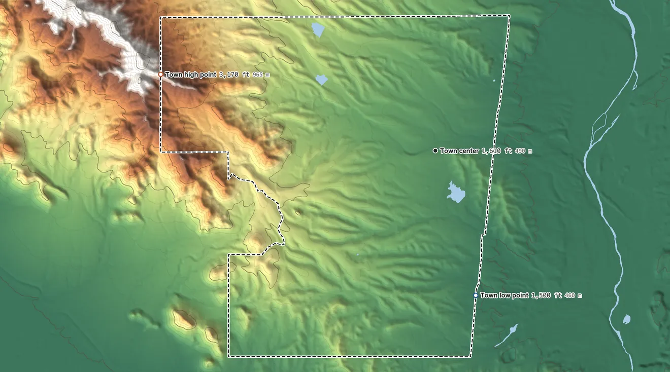 Topographic elevation map of Fountain Hills, Arizona, shaded from 1,500 ft on the south side to 3,170 ft at the foot of the McDowell Mountains