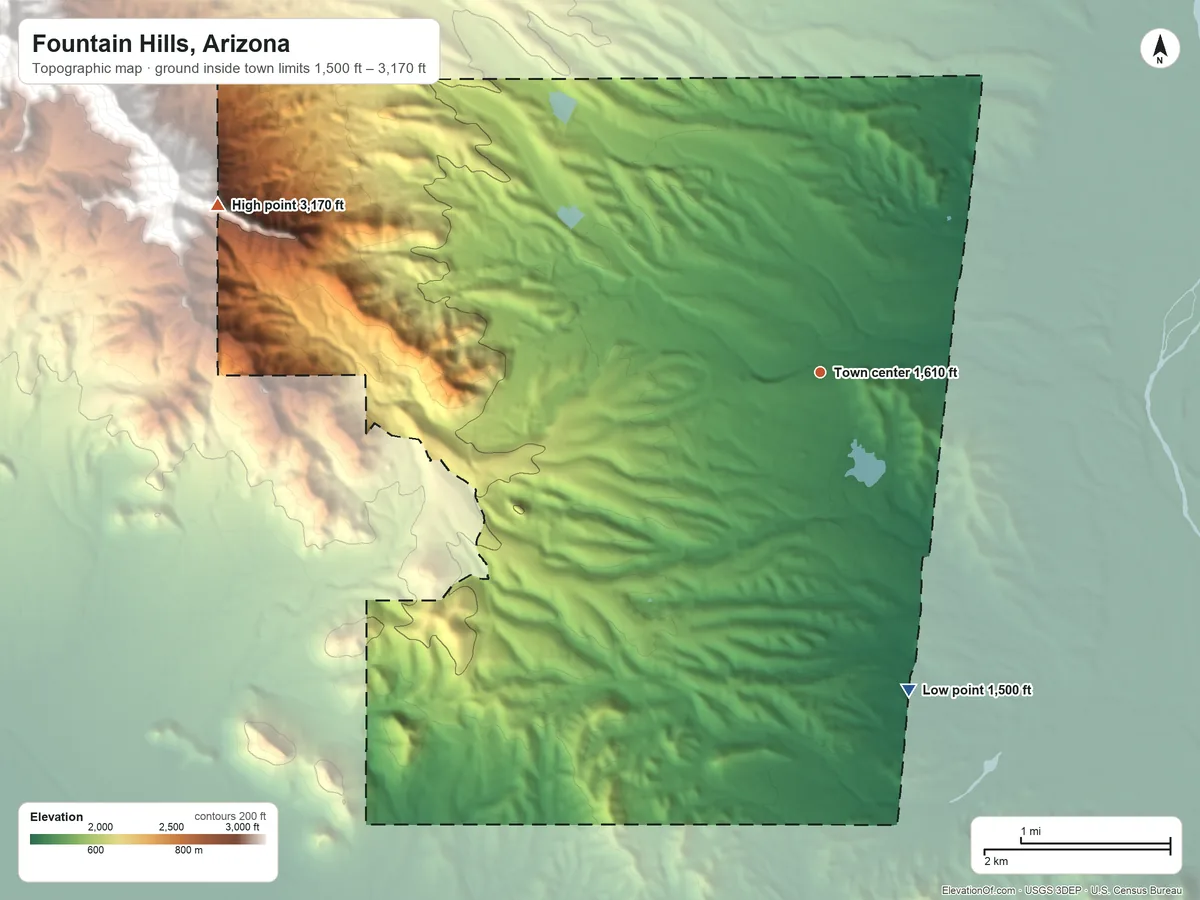 Topographic elevation map of Fountain Hills, Arizona, shaded from 1,500 ft on the south side to 3,170 ft at the foot of the McDowell Mountains