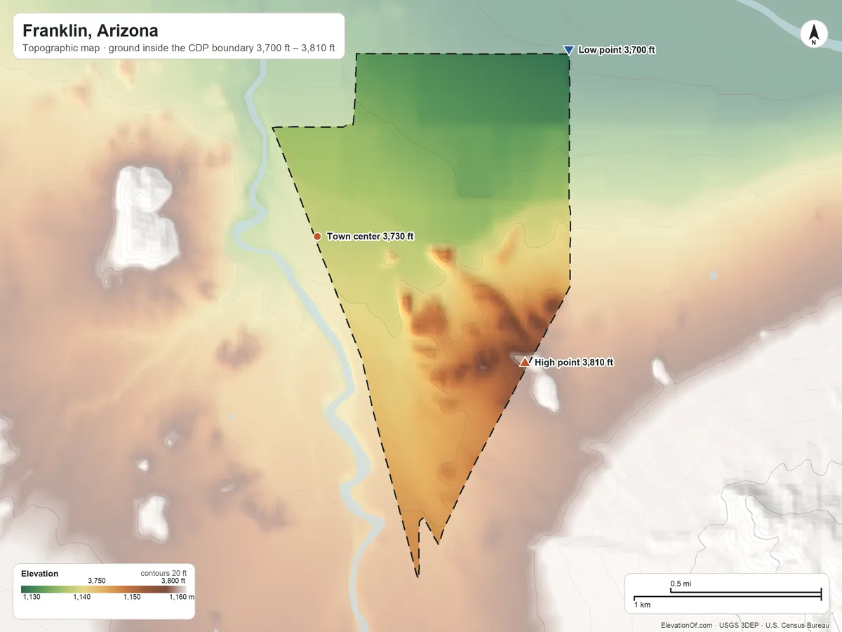 Topographic elevation map of Franklin, Arizona, shaded from 3,700 ft on the northeast side to 3,810 ft on the southeast side