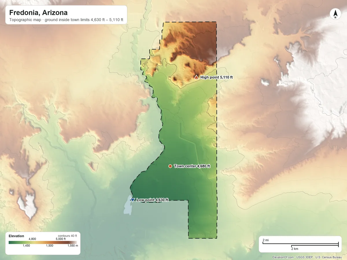 Topographic elevation map of Fredonia, Arizona, shaded from 4,630 ft on the southwest side to 5,110 ft on the north side