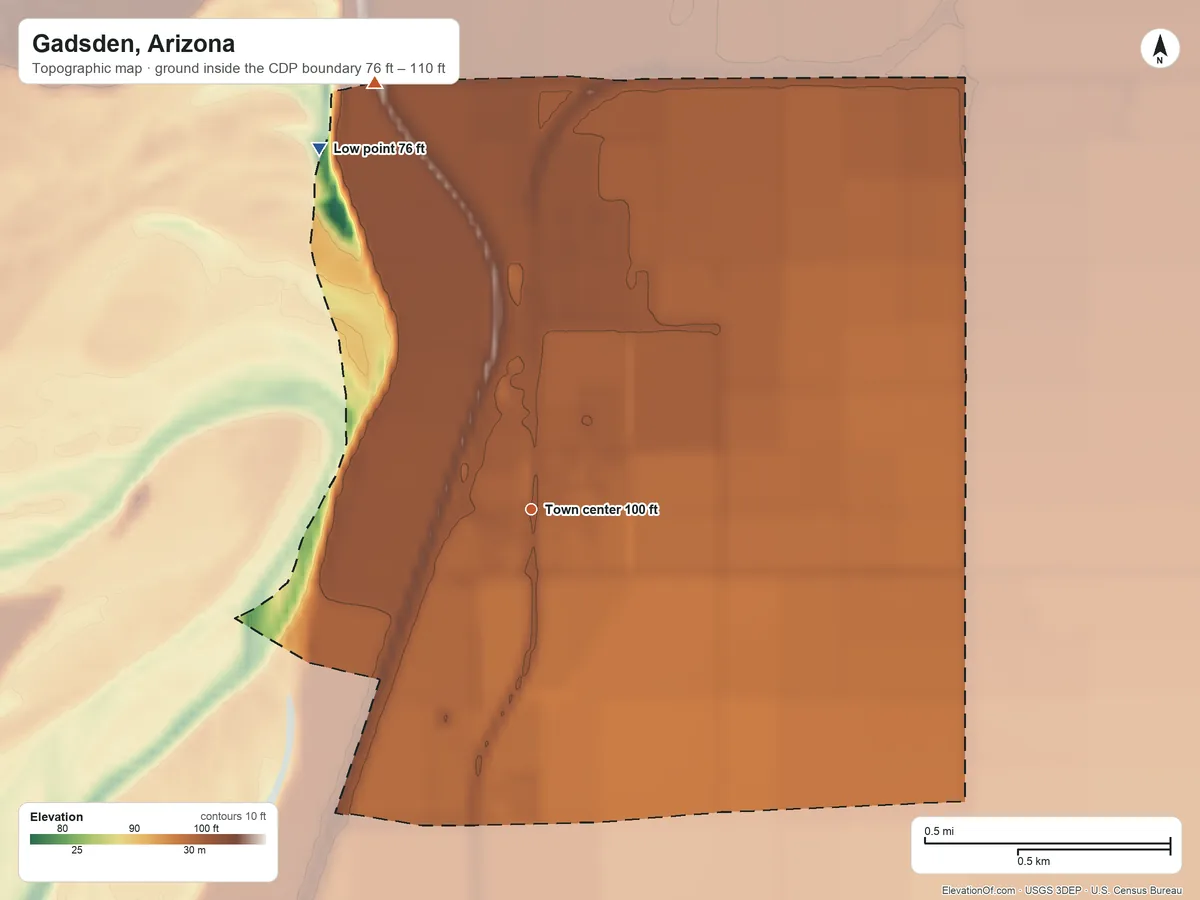 Topographic elevation map of Gadsden, Arizona, shaded from 76 ft on the northwest side to 110 ft on the north side